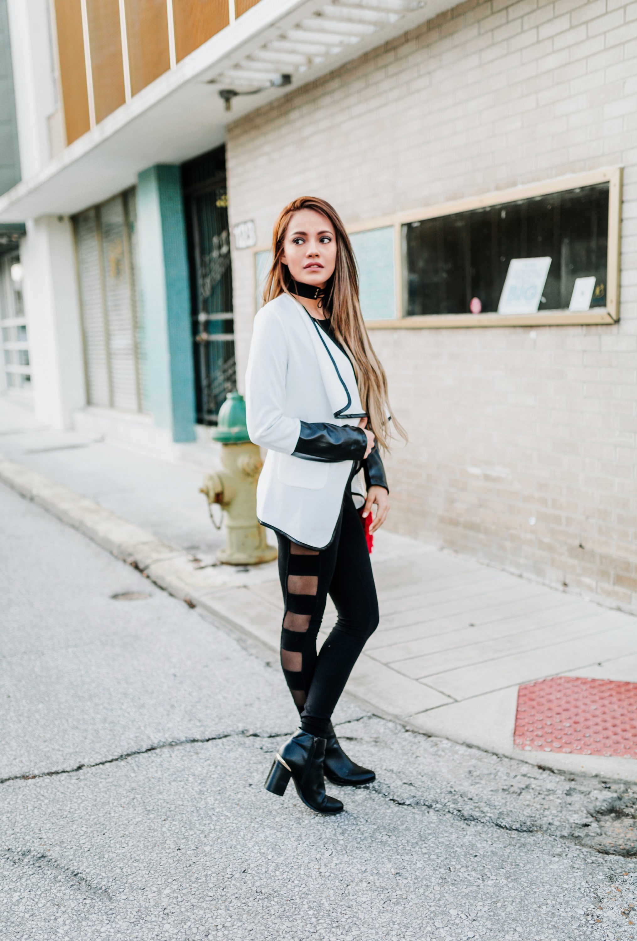@priscillaeslo's cover photo for 'White Jacket with Leather & Mesh Leggings Outfit featuring SheIn'